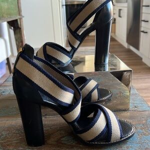 Tory Burch Navy and Taupe canvas, stacked 4” heel